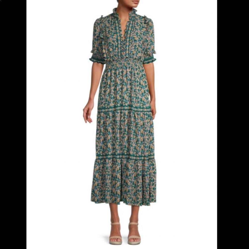 Max Studio Green and Yellow Tiered Midi Dress